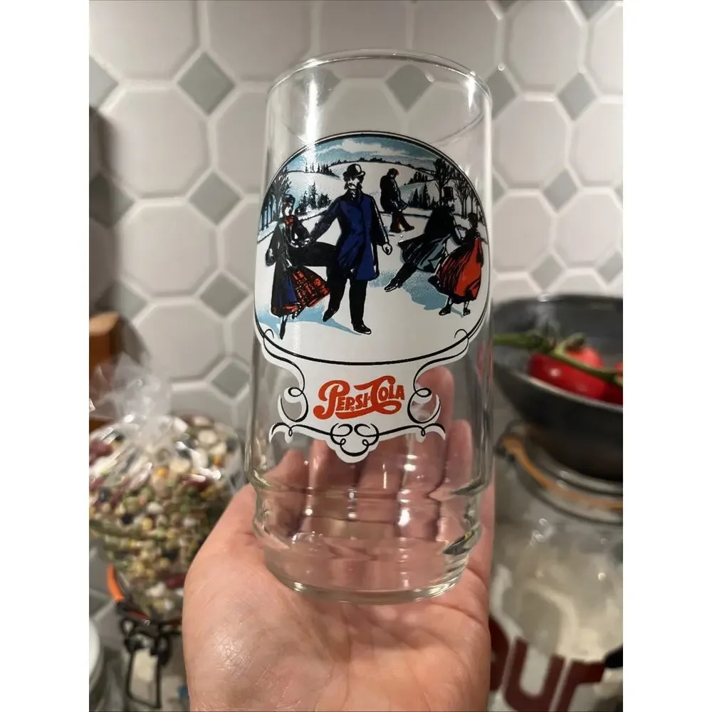 Two Vintage collectible Pepsi-Cola Glasses Horse Pulling Sleigh Winter Holiday